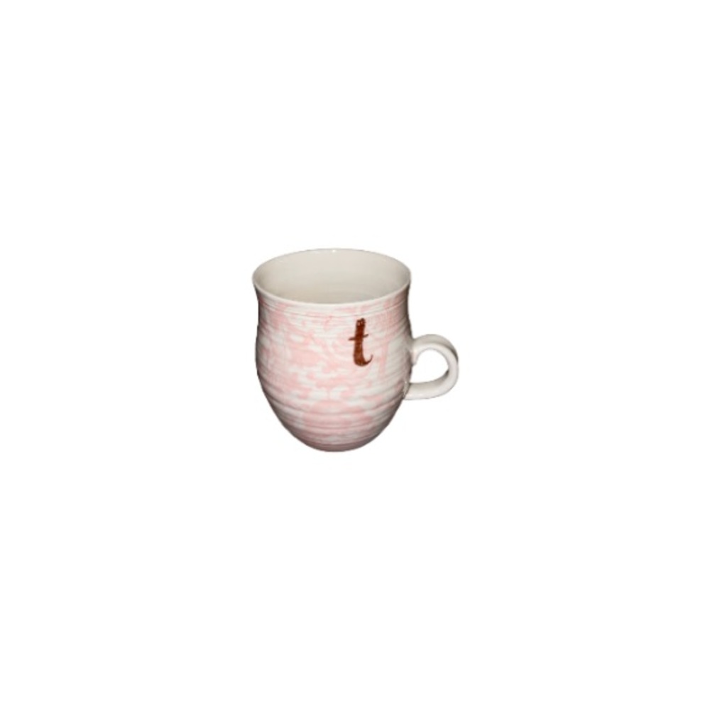 Anthropologie “Homegrown” Pink and White Monogram Letter "T” Floral Toile Mug